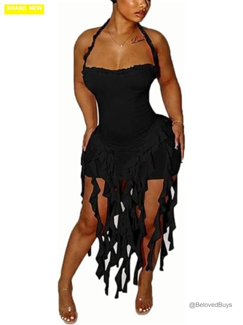 Womens Halter Backless Ruffle Fringe Bodycon Mini Dress, Polyester Blend,